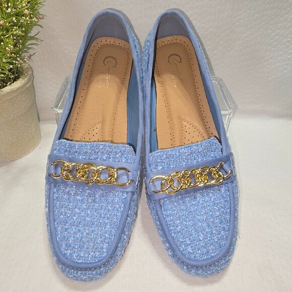 CATOS WOMENS BLUE TWEED LOAFER CHAIN ACCENT ON TOE LIKE NEW SIZE 9 EUC - Picture 1 of 9